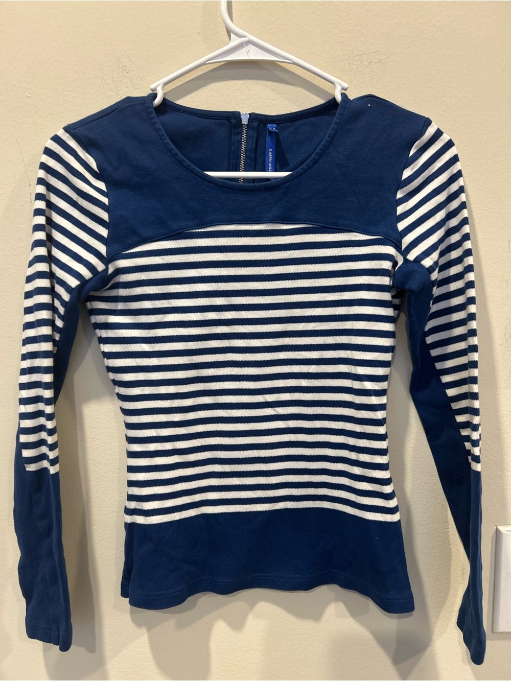 Karen Millen Blue/White Striped Long Sleeve Top, nautical design color-blocked.